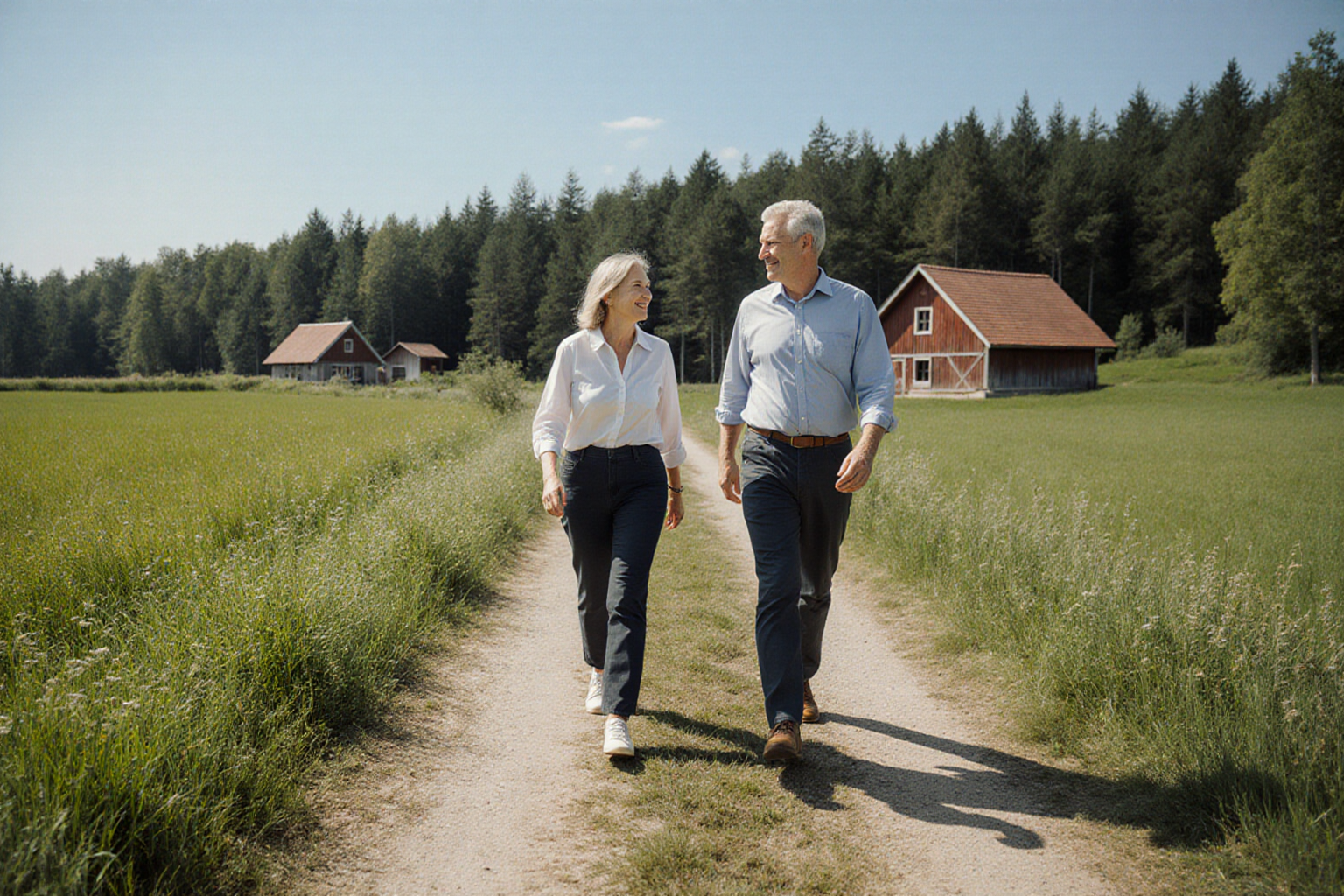 Besichtigung einer landwirtschaftlichen Fläche am Waldrand mit Nebengebäuden